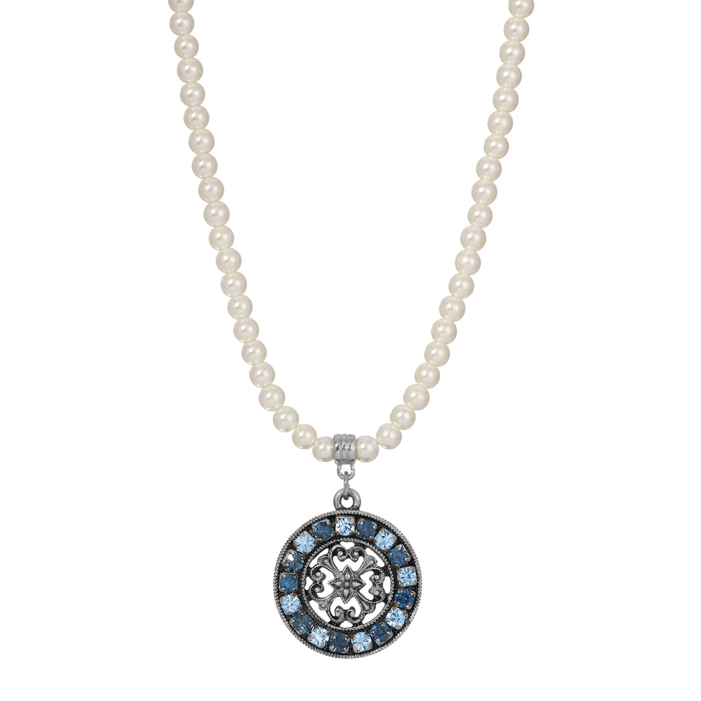 1928 Jewelry 4mm Faux Pearl Strand Hanauma Filigree Crystal Pendant  15" + 3" Extender