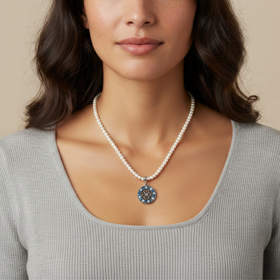 Faux pearl necklace with a crystal pendant worn by a person against a neutral background
