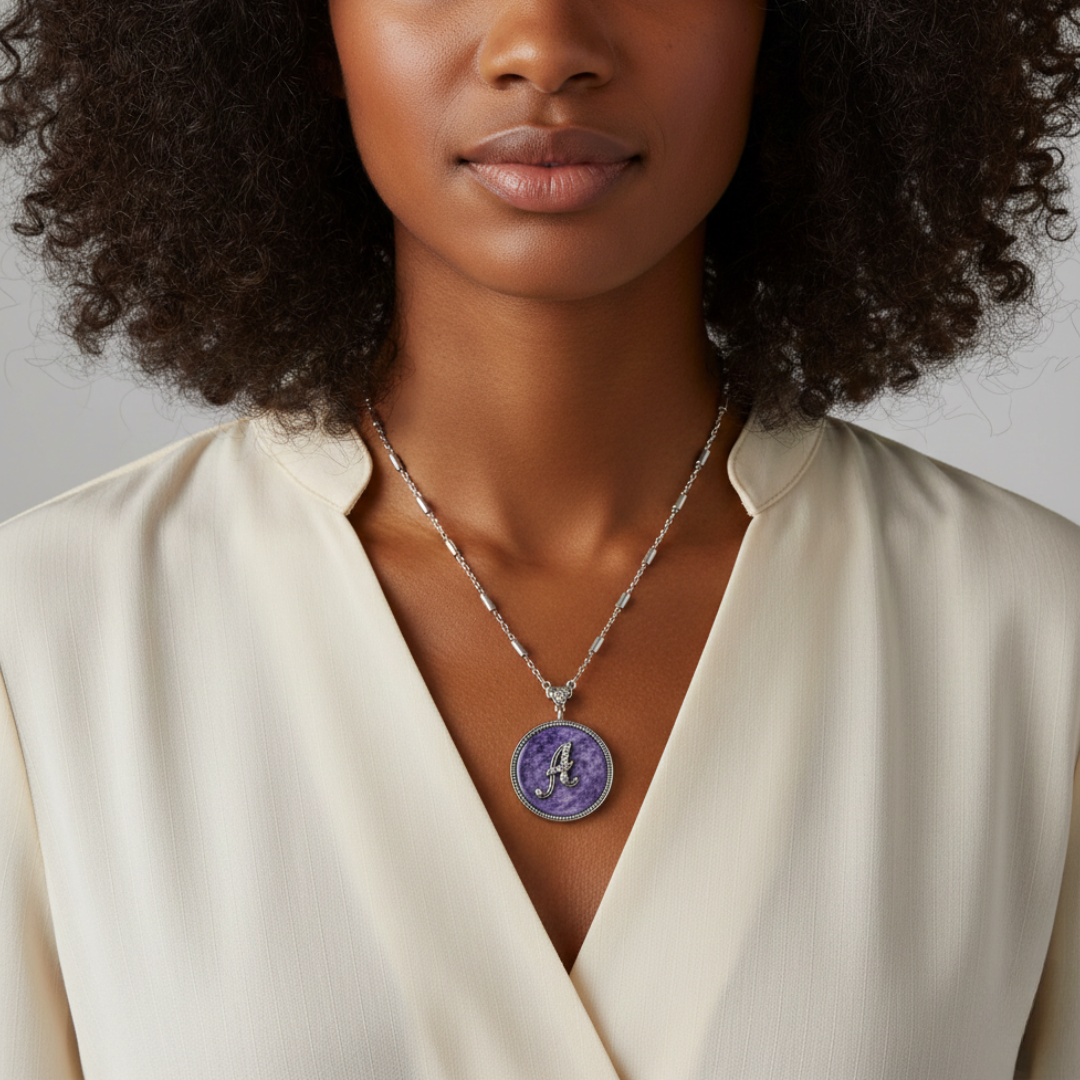 Woman wearing a necklace with a purple 'A' initial pendant against a neutral background