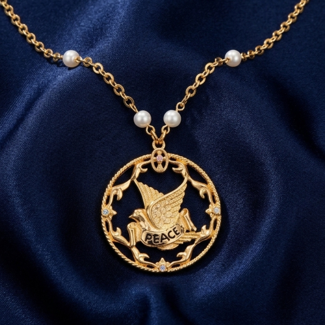 Gold tone peace dove medallion necklace with white faux pearls resting on navy blue satin fabric 