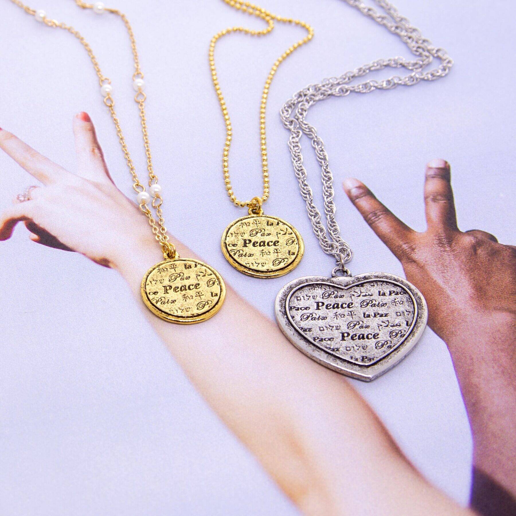1928 Jewelry 3mm Faux Pearl Multilingual Peace Pendant Necklace 17" + 3" Extension