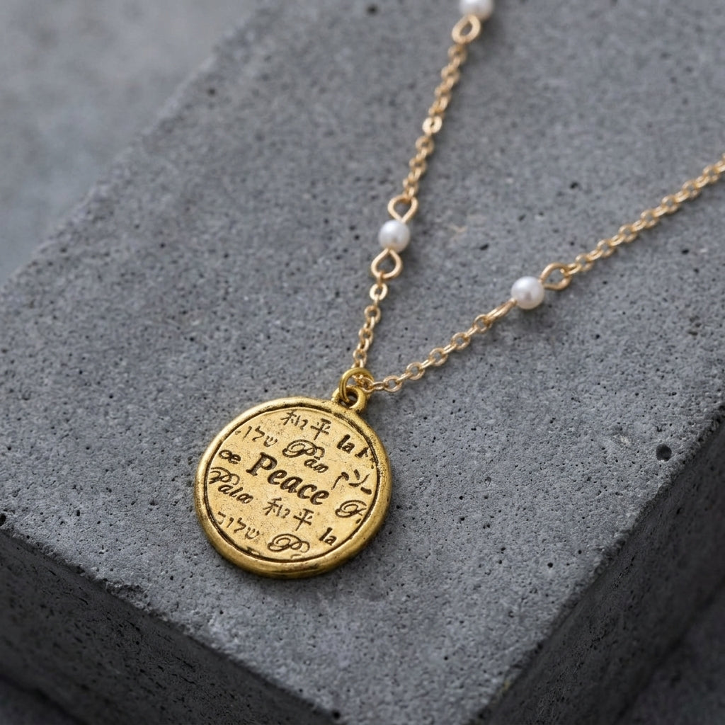 Gold tone peace pendant necklace with white faux pearls on the chain resting on a dark stone surface