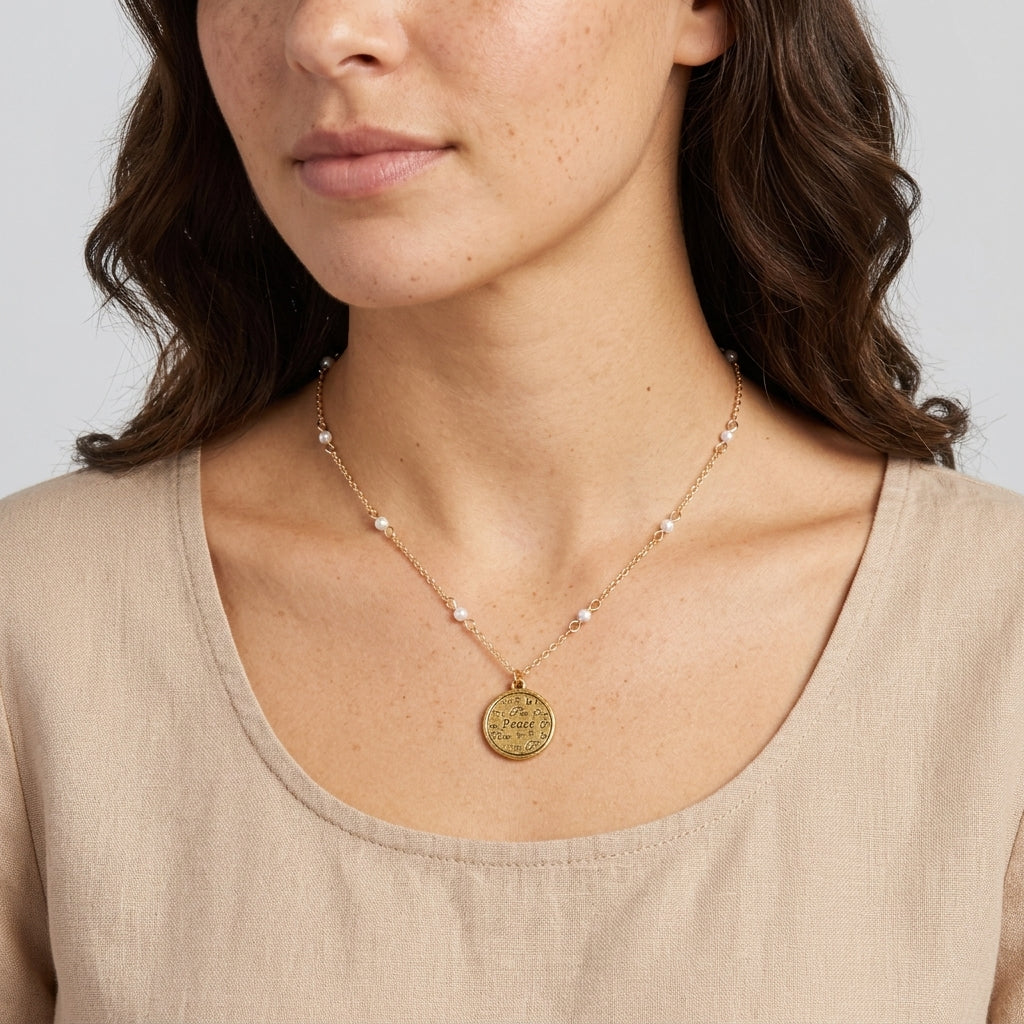 Woman wearing a gold tone peace pendant necklace with white faux pearls on the chain