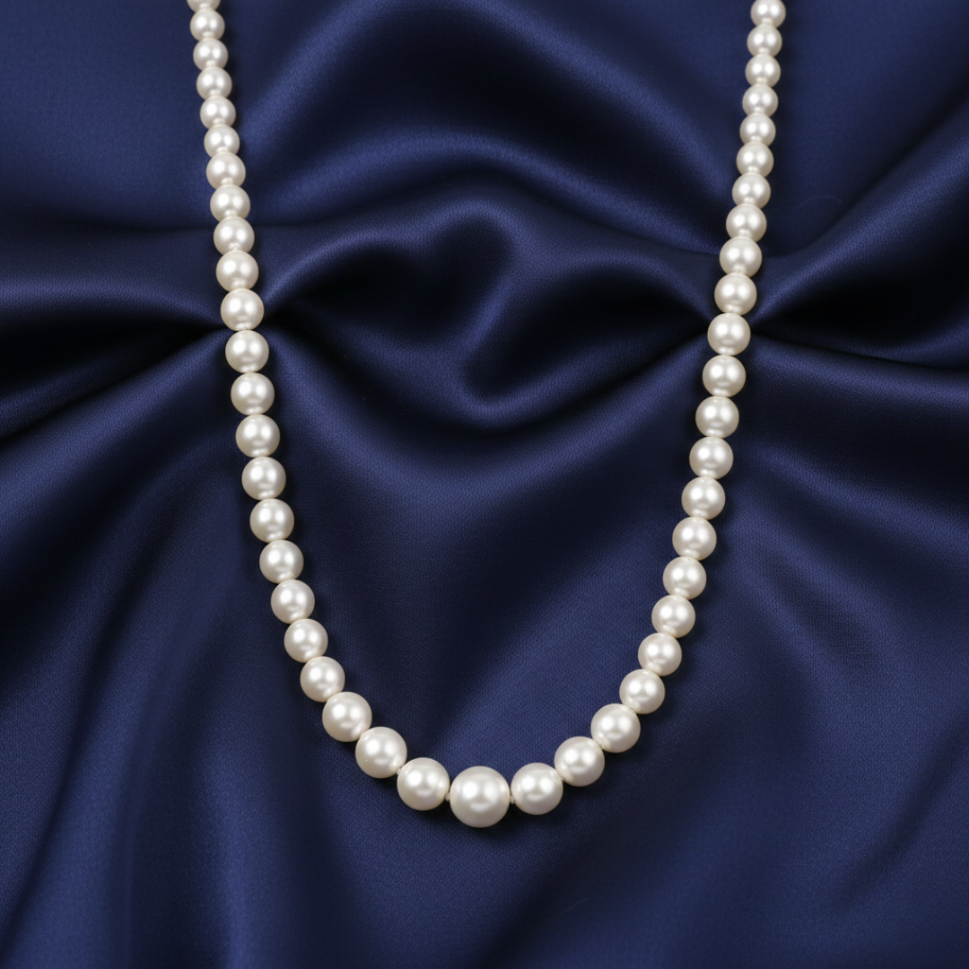 Faux pearl necklace on a blue satin background