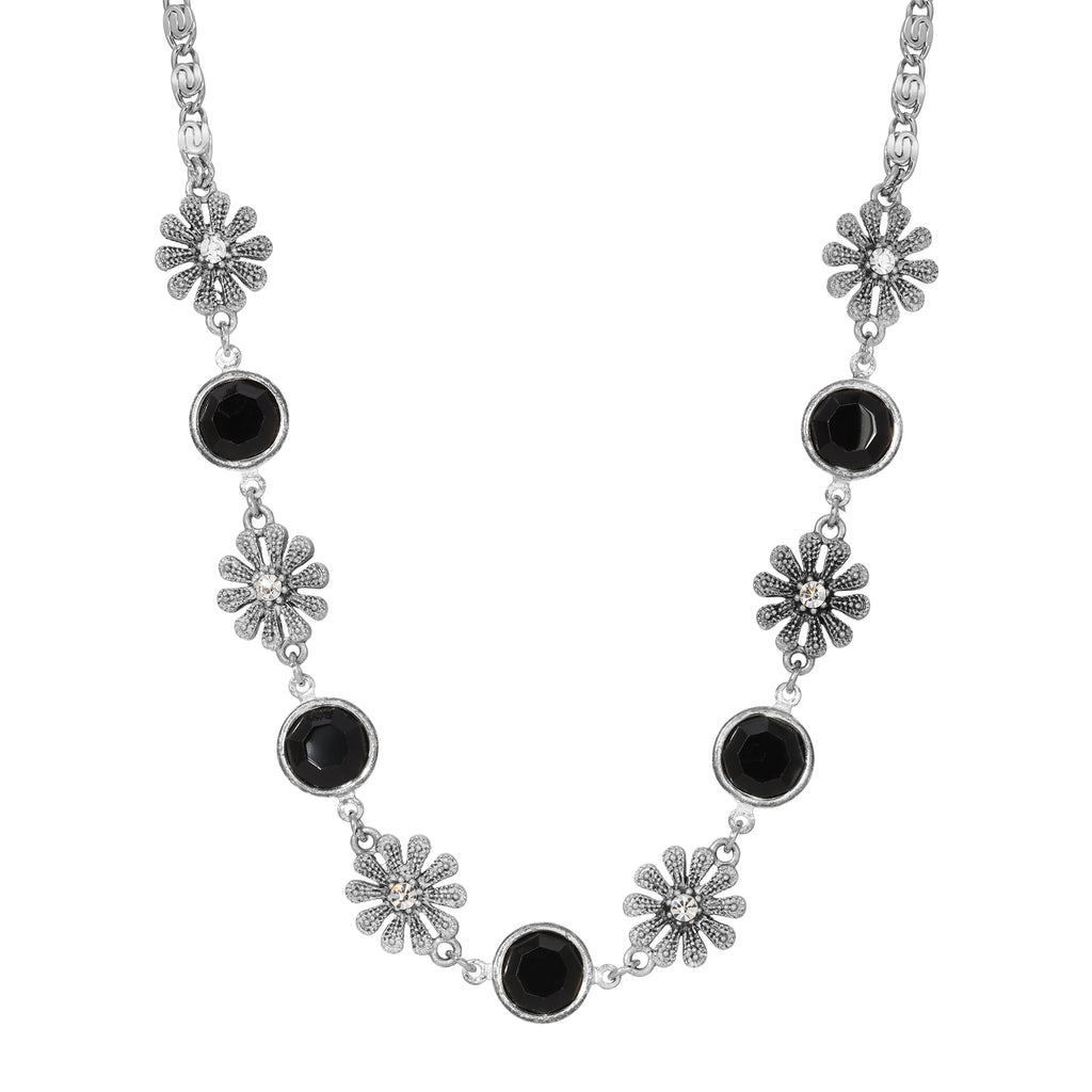 1928 Jewelry Fleawort Flower Crystal & Round Black Austrian Channel Crystal Flower Necklace 16" + 3" Extension