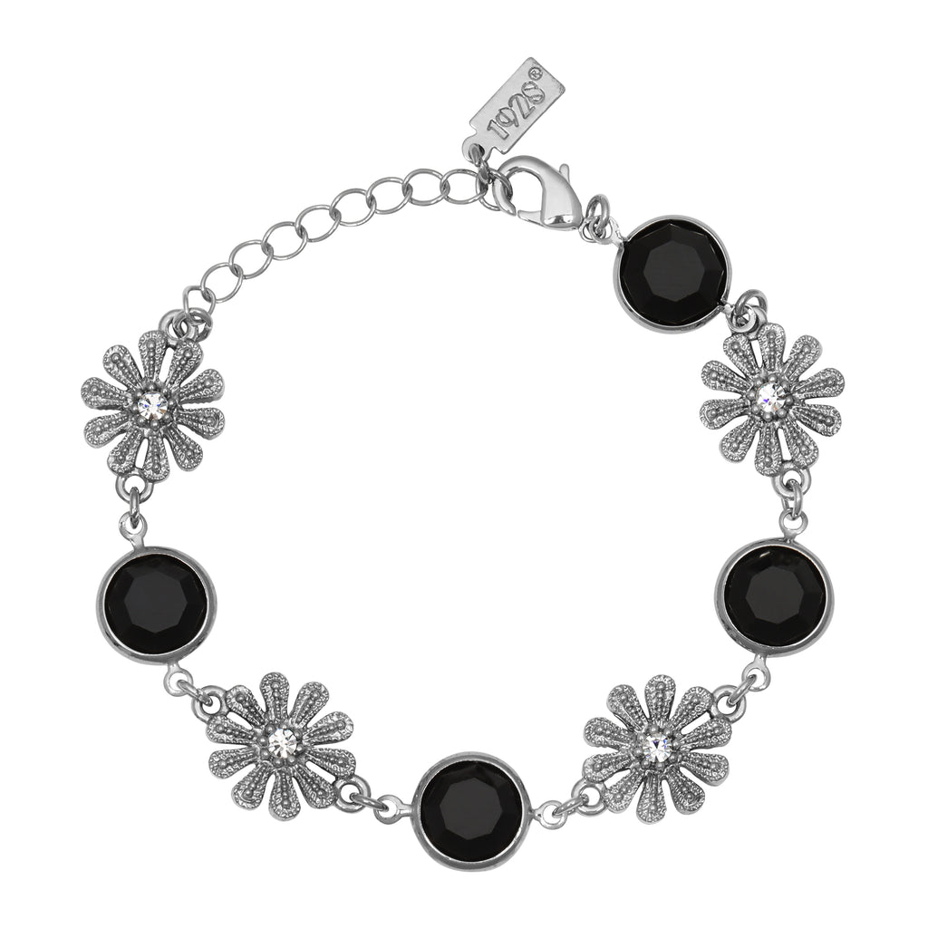 1928 Jewelry Fleawort Flower Crystal & Round Black Austrian Channel Crystal Flower Bracelet