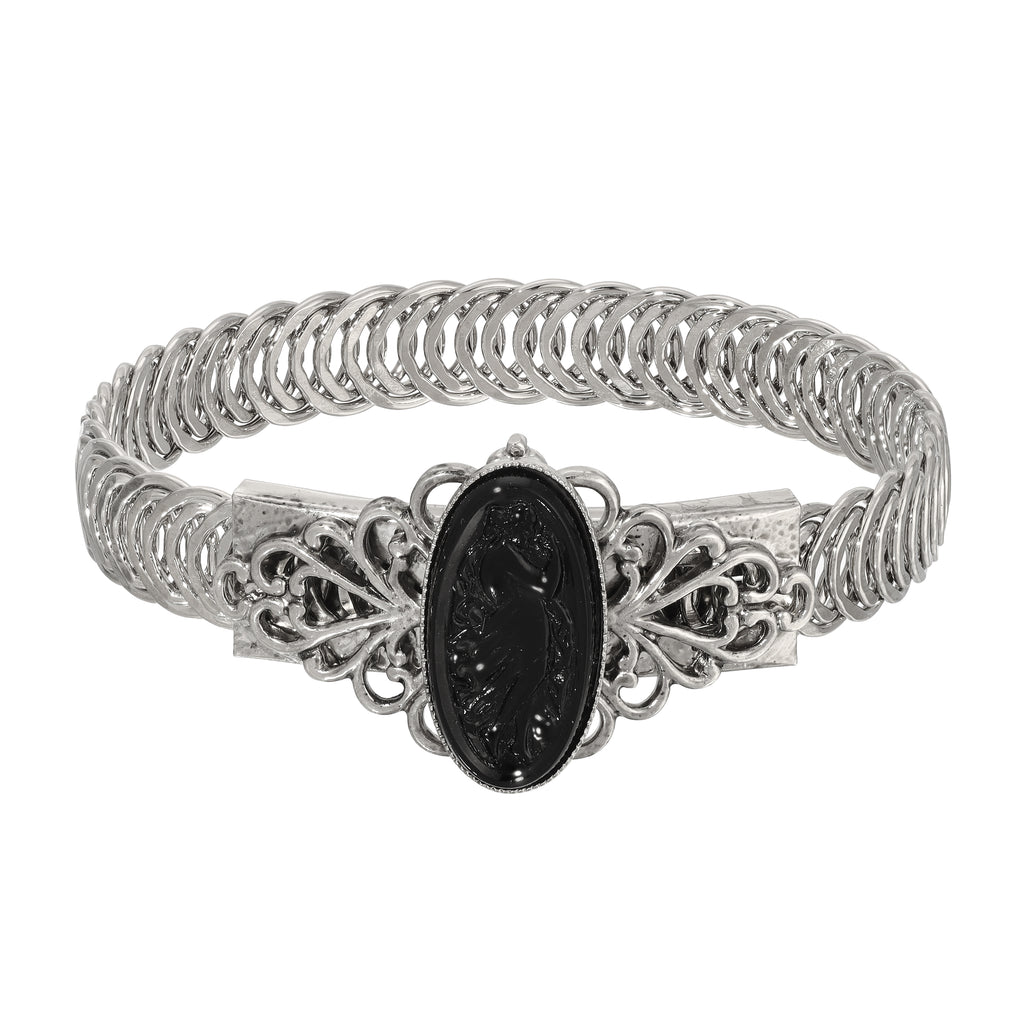 1928 Jewelry Ancient Priestess Oval Black Stone Cameo Belt Bracelet