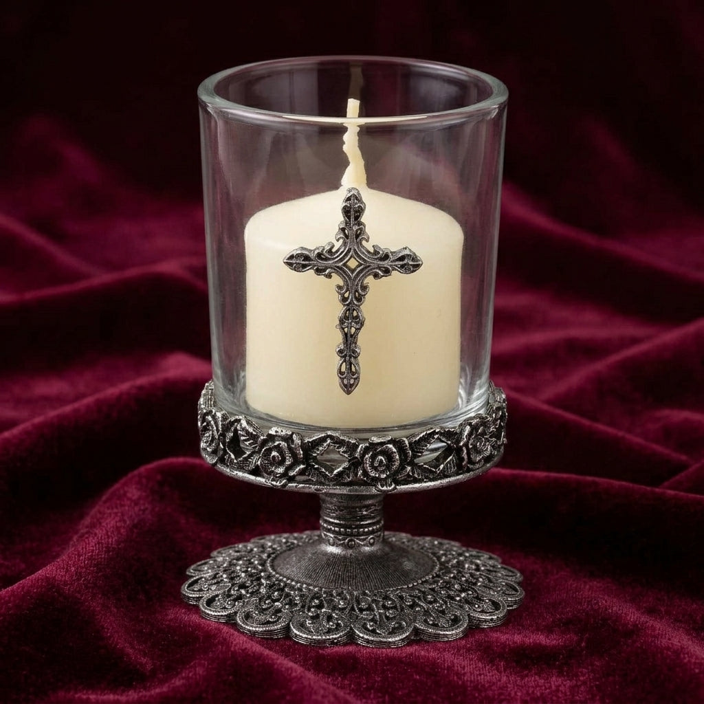 Decorative pewter candle holder with a cross and a white candle inside against a dark red fabric background