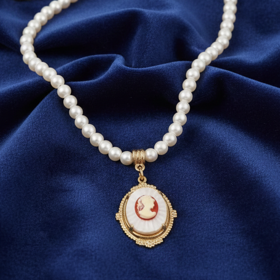 Faux pearl necklace with a gold and white pendant on a blue fabric background