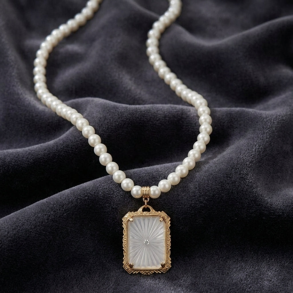 Pearl necklace with a gold tone framed pendant of glass and a clear crystal center on a dark fabric background