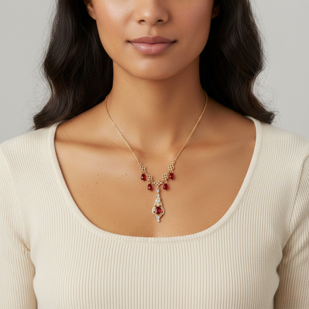 Woman wearing a red stone and gold drop necklace against a neutral background