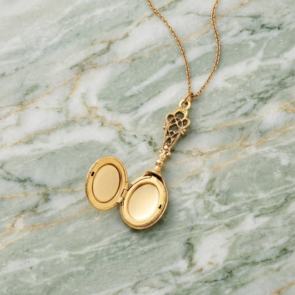 Gold locket necklace opened on a marble background