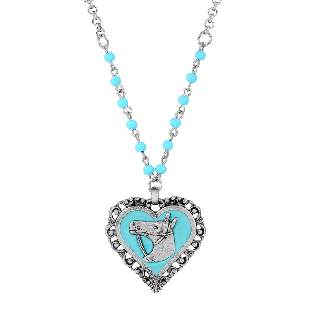 Turquoise Beaded Rolo Chain Filigree Heart Horse Pendant Necklace 18"