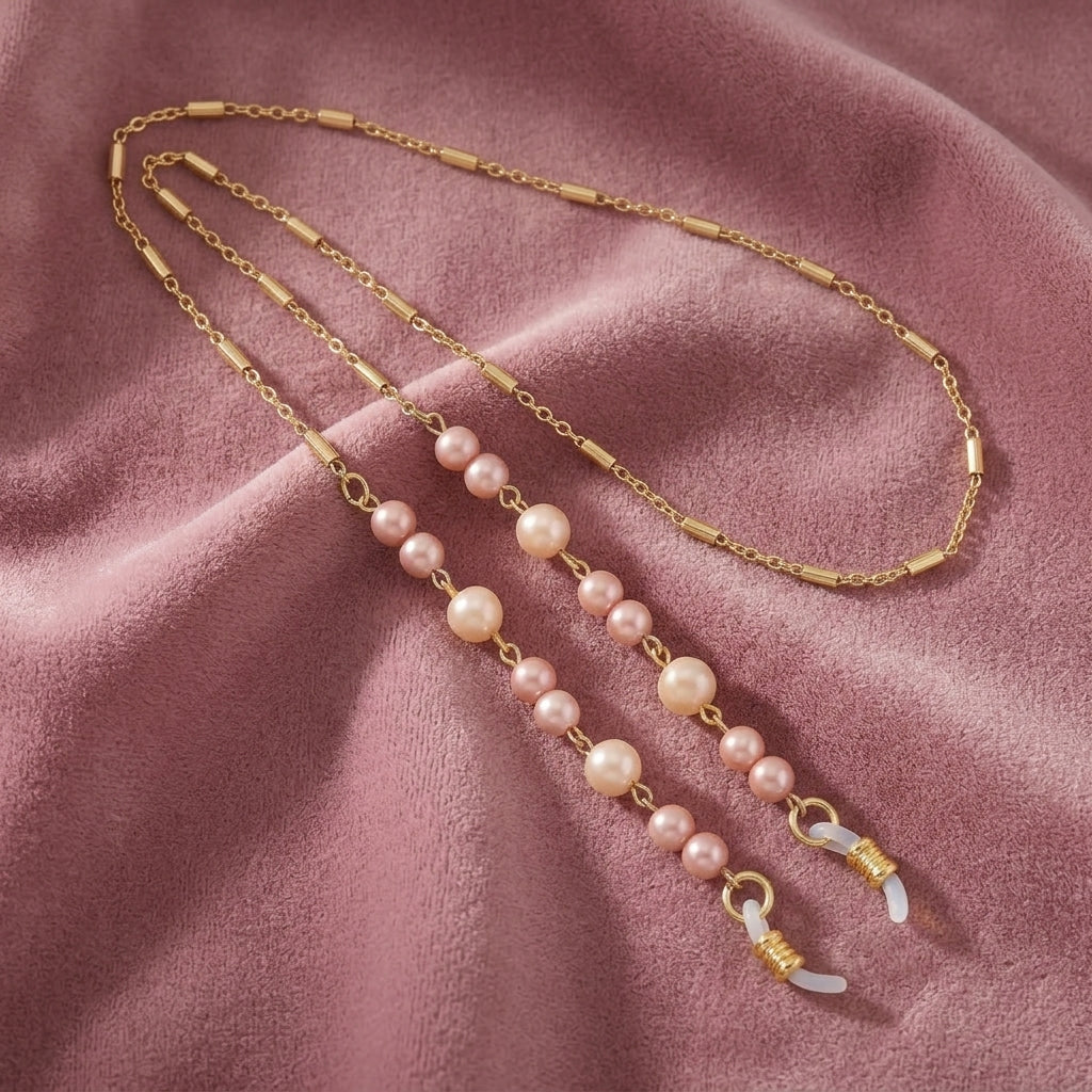 Pearl necklace eyeglass holder with gold chain on a pink fabric background