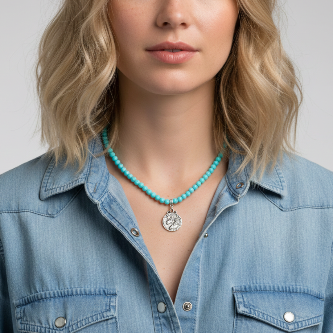Woman wearing a turquoise beaded necklace with a silver horse head pendant against a neutral background