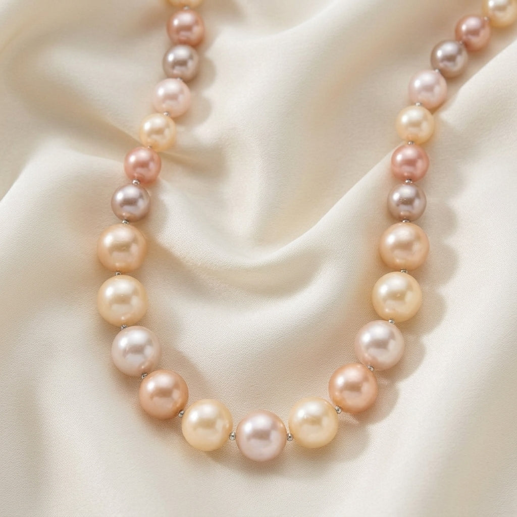 Pearl necklace with pink and light brown pearls on a beige fabric background