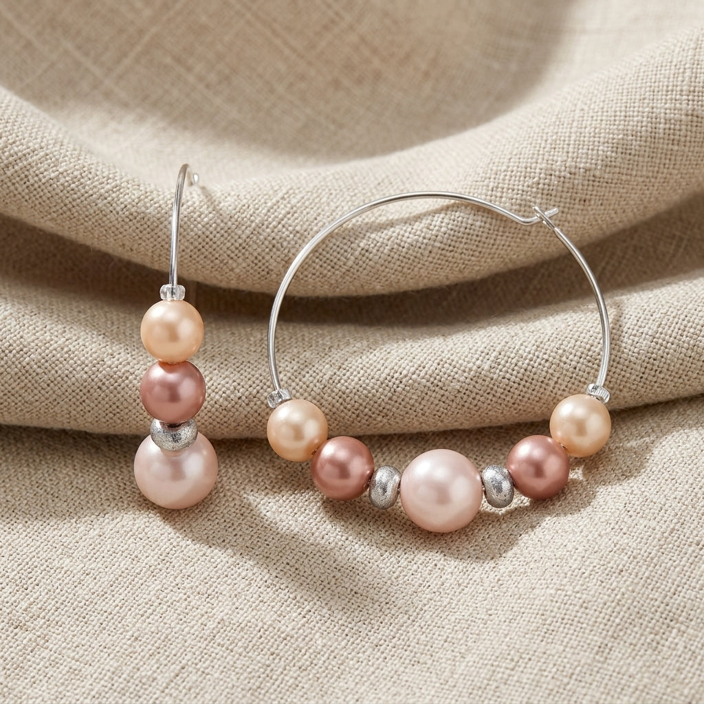 Rosabella Minimalist Multicolor Faux Pearl Hoop Earrings resting on beige linen