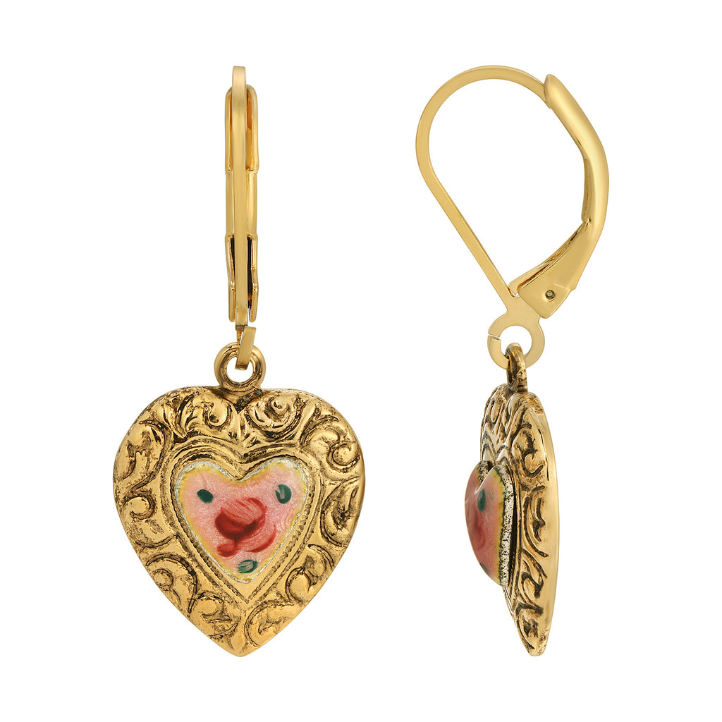 1928 Jewelry Enchanting Bloom Pink Flower Heart Drop Earrings