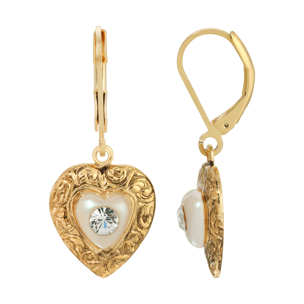 1928 Jewelry Faux Pearl Heart & Crystal Drop Earrings