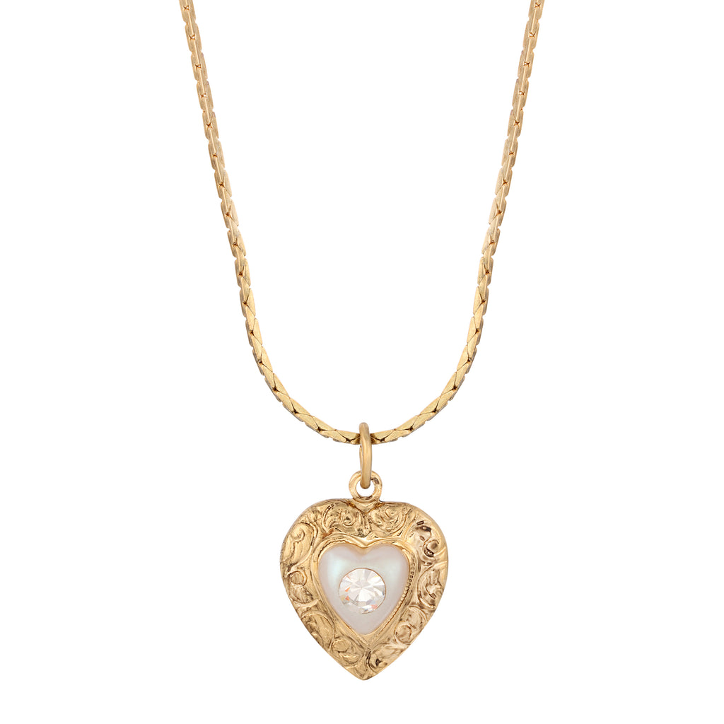 1928 Jewelry Faux Pearl Heart & Crystal Pendant Necklace 15" + 3" Extender