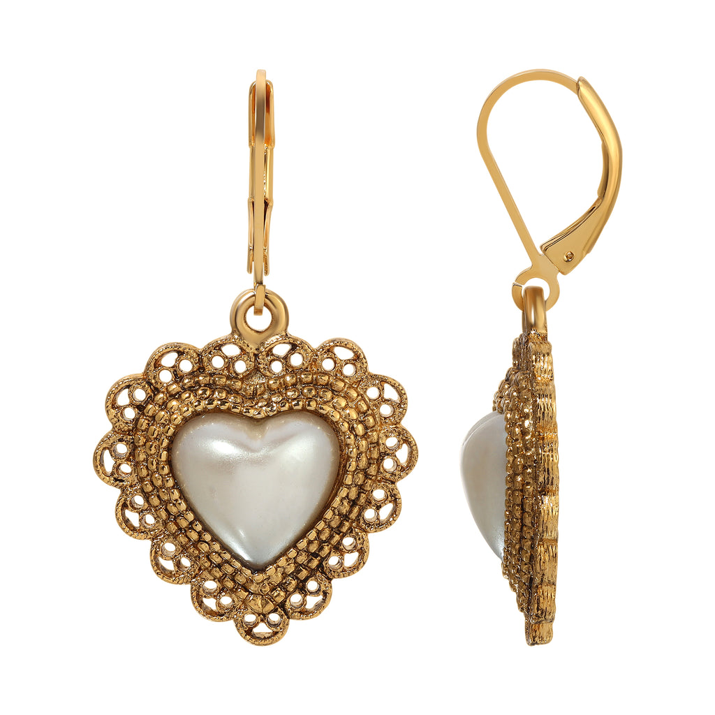 1928 Jewelry Faux Pearl Heart Filigree Drop Earrings