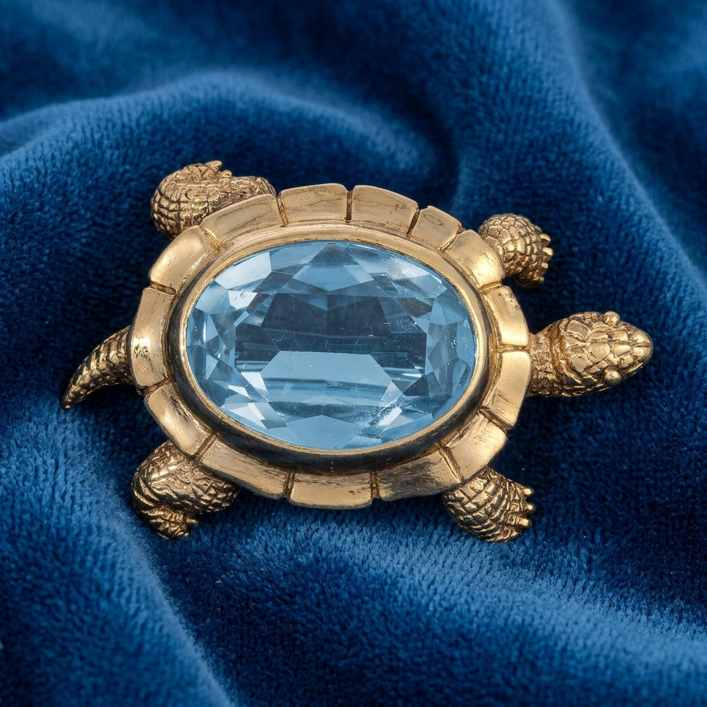 Gold tortoise-shaped brooch with a blue crystal on a blue fabric background