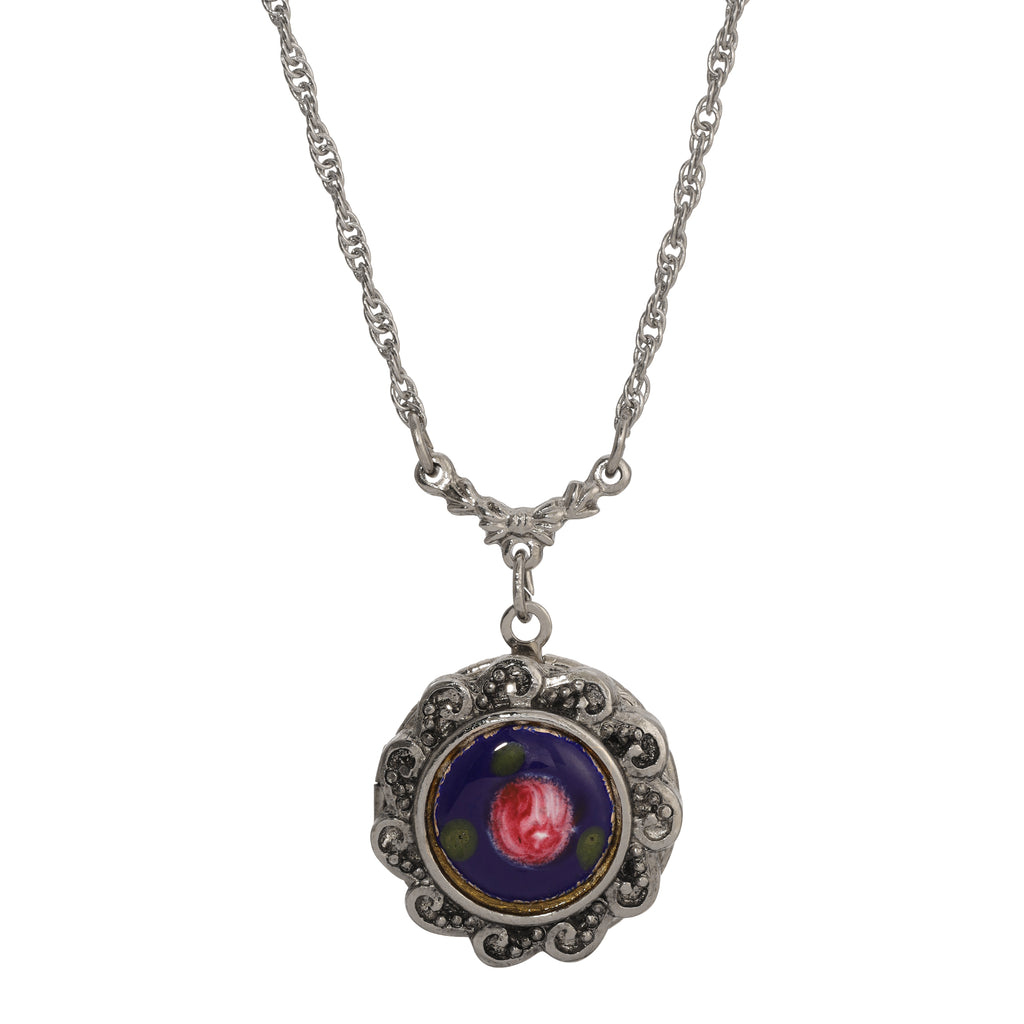 Silver 1928 Jewelry Artisan Rosebud Locket Necklace 16" + 3" Extension