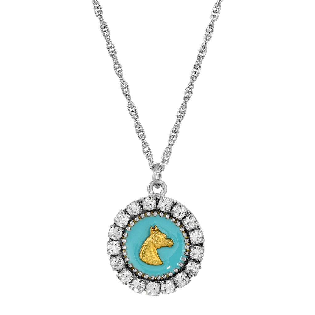 1928 Jewelry Gold Horse Motif Turquoise Enamel Crystal Pendant Necklace 16"