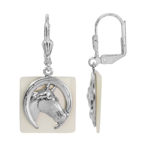 Horseshoe and Horse Head Motif Mother Of Pearl Drop Earrings