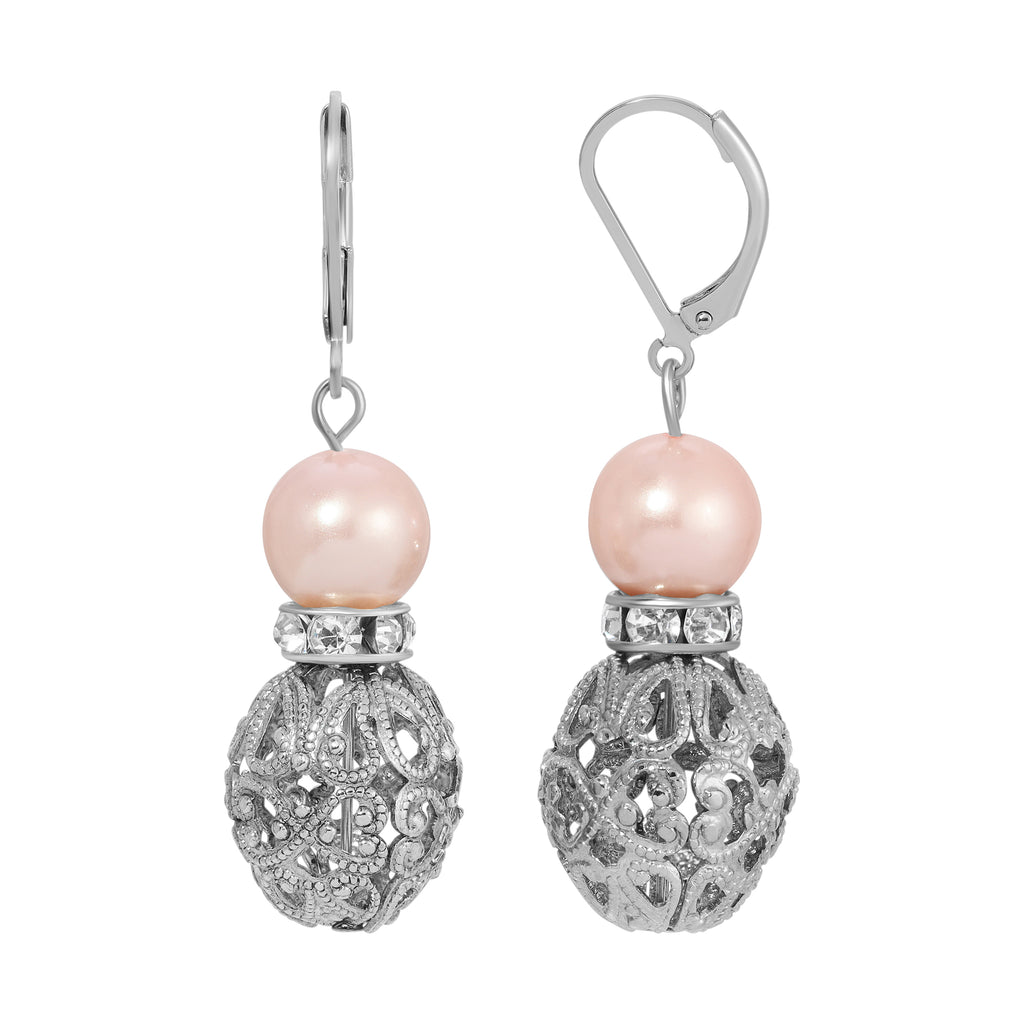 1928 Jewelry Filigree Puff Bead Light Pink Faux Pearl Drop Earrings