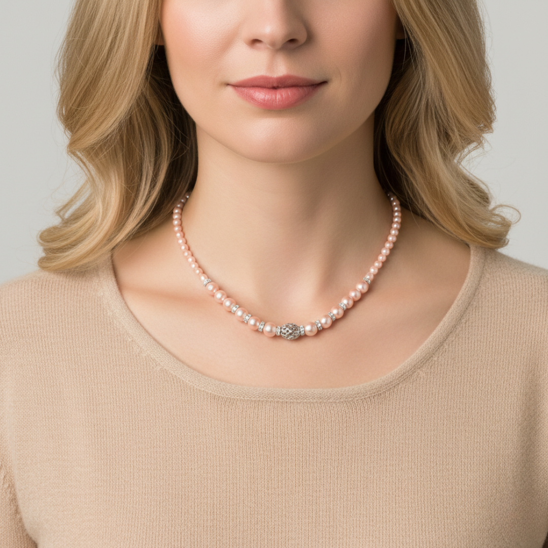 Woman wearing a pink faux pearl necklace against a neutral background