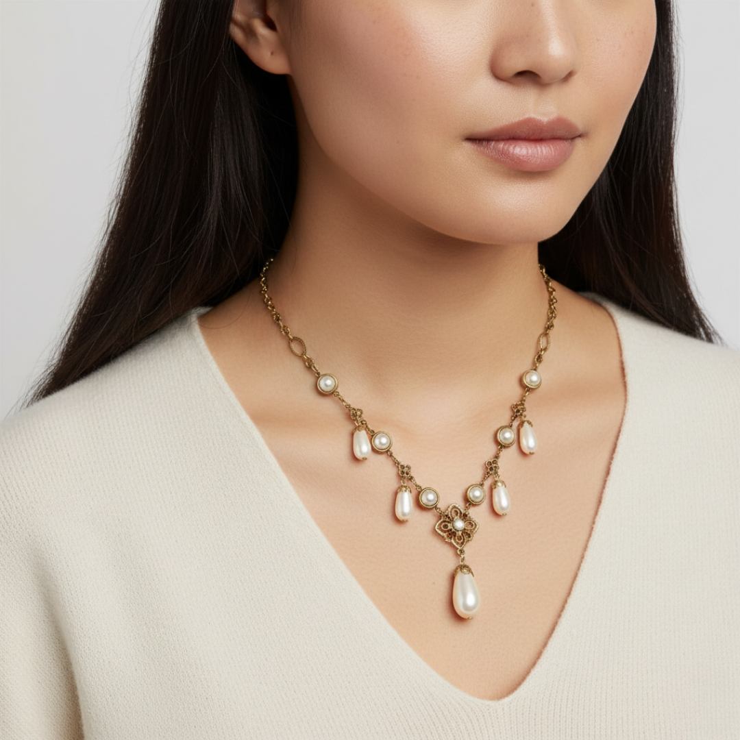 Woman wearing a pearl necklace against a neutral background