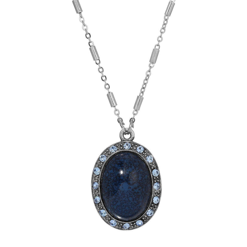 1928 Jewelry Oval Lapis Blue Stone & Light Sapphire Crystal Pendant Necklace 16" + 3" Extension