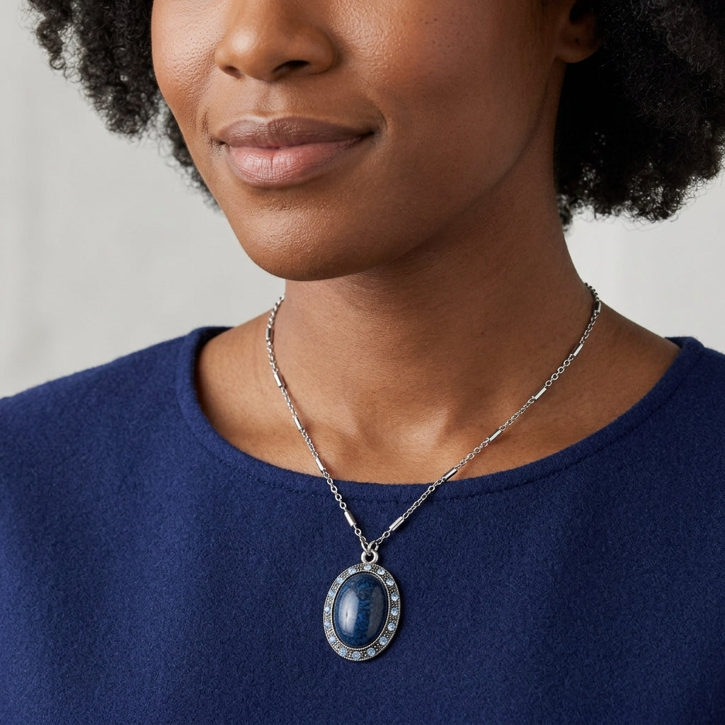 Blue Stone Sapphire Locket Necklace 1928 Jewelry Silver Tone Blue