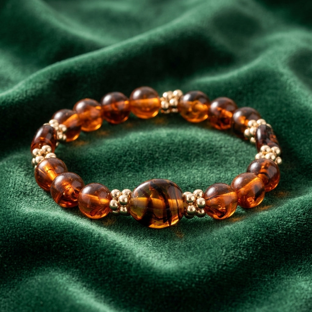 Bracelet with brown beads on a green fabric background