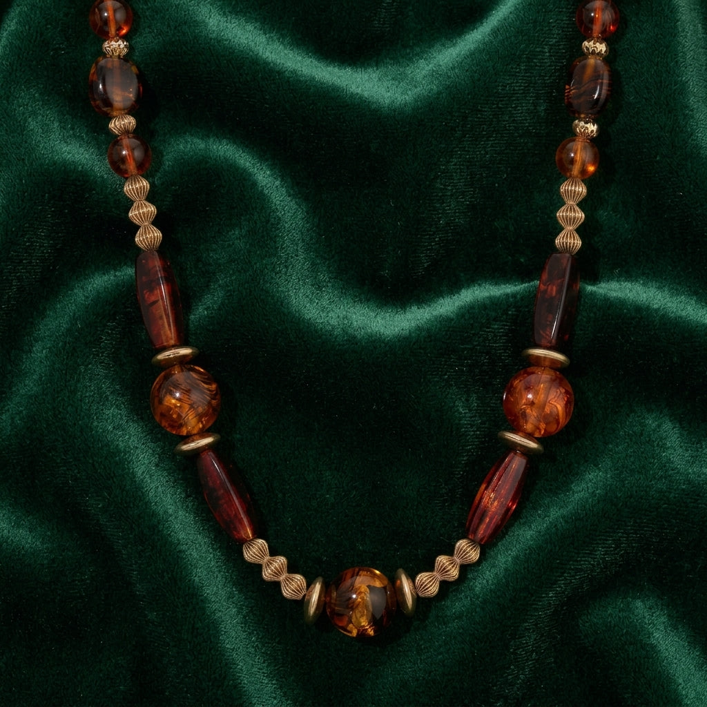 Brown and gold tone beaded necklace resting on dark green satin fabric