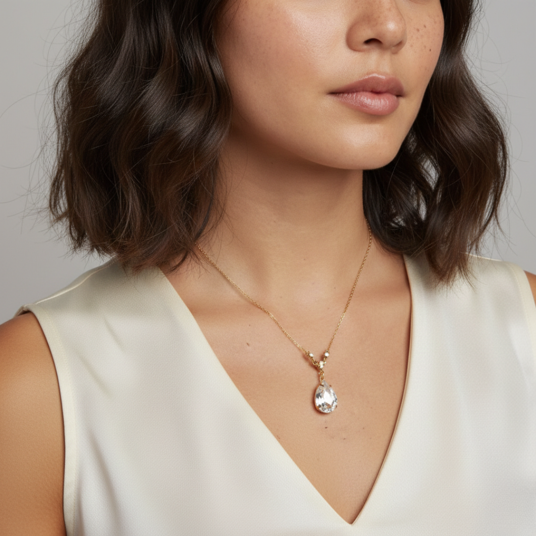 Woman wearing a gold necklace with a crystal pendant against a neutral background