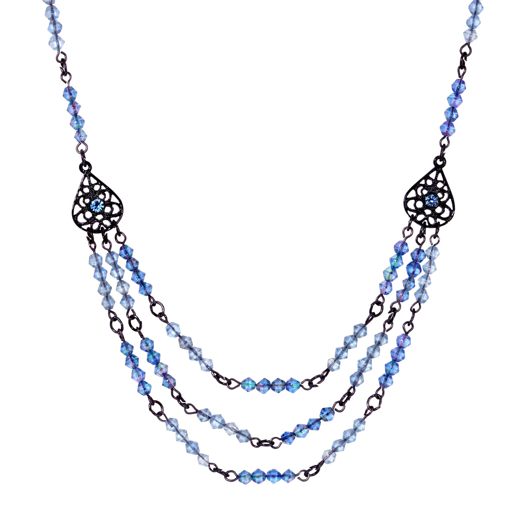 Blue 1928 Jewelry Multi Beaded Crystal Teardrop Filigree Bib Necklace 15" + 3" Extension