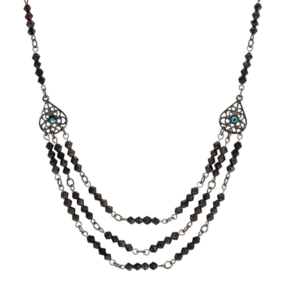 Black 1928 Jewelry Multi Beaded Crystal Teardrop Filigree Bib Necklace 15" + 3" Extension