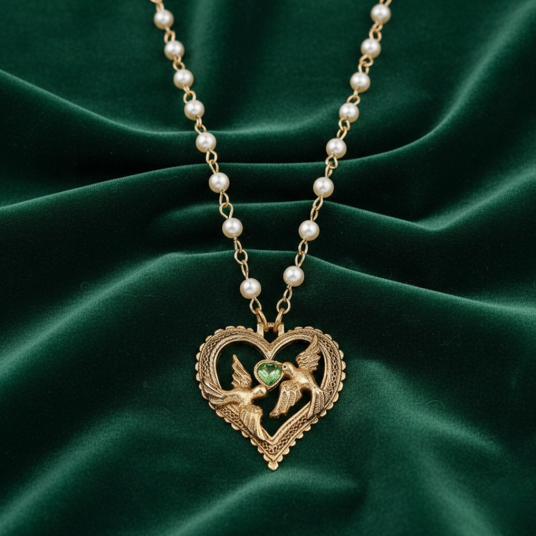 Necklace with faux pearls on the chain and a heart-shaped pendant featuring two birds and a green gemstone on a green fabric background.