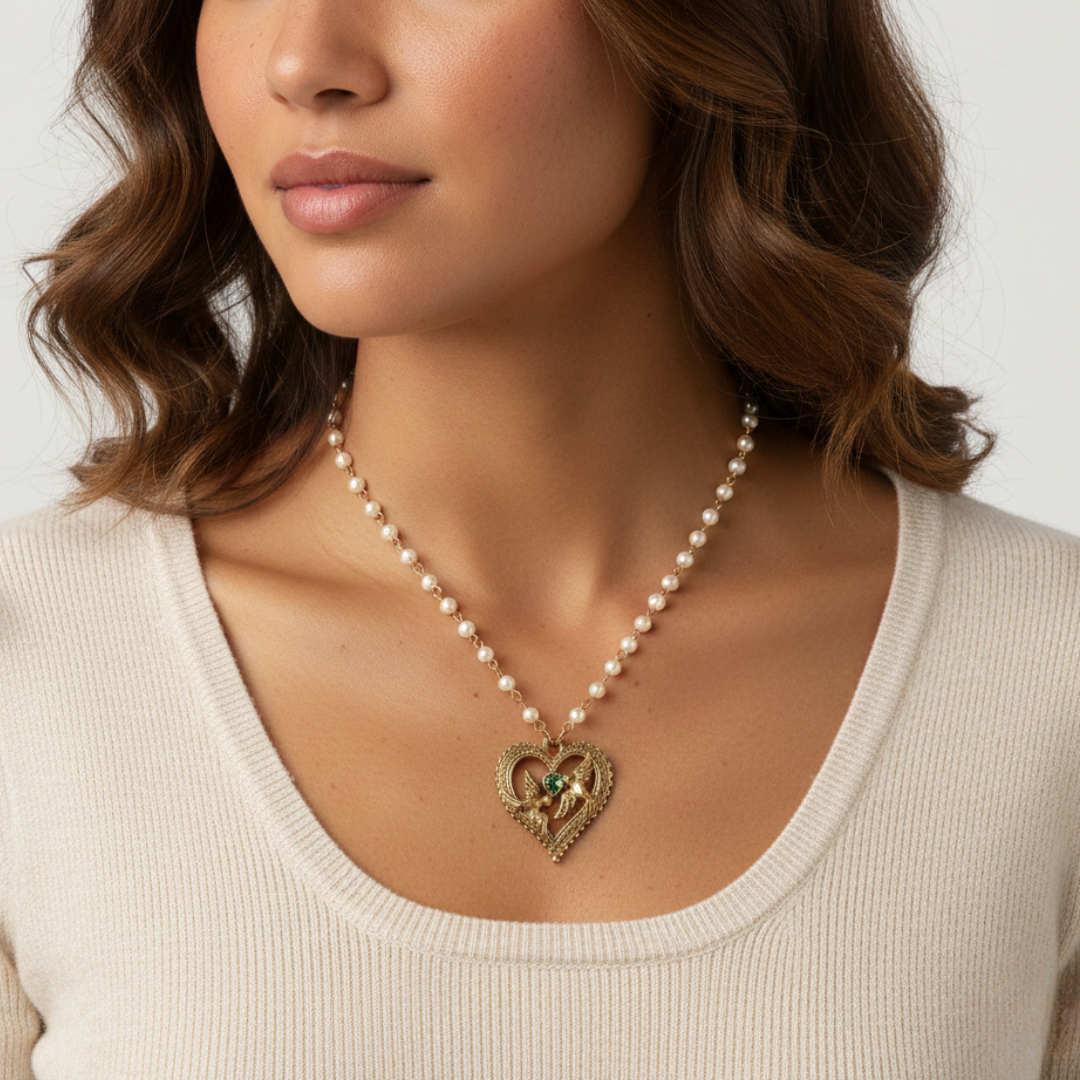 Woman wearing a faux pearl necklace with a heart-shaped pendant.