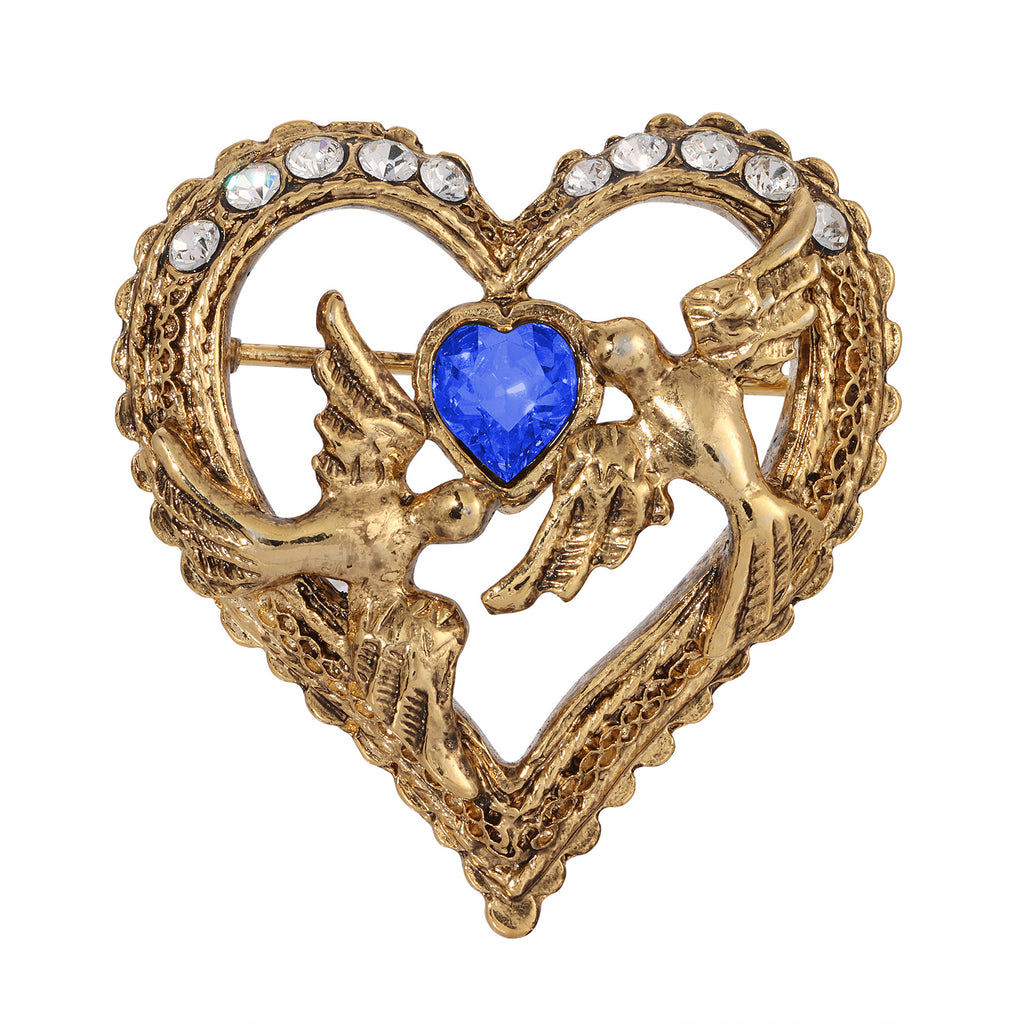 1928 Jewelry Crystal Heart Love Birds Pin