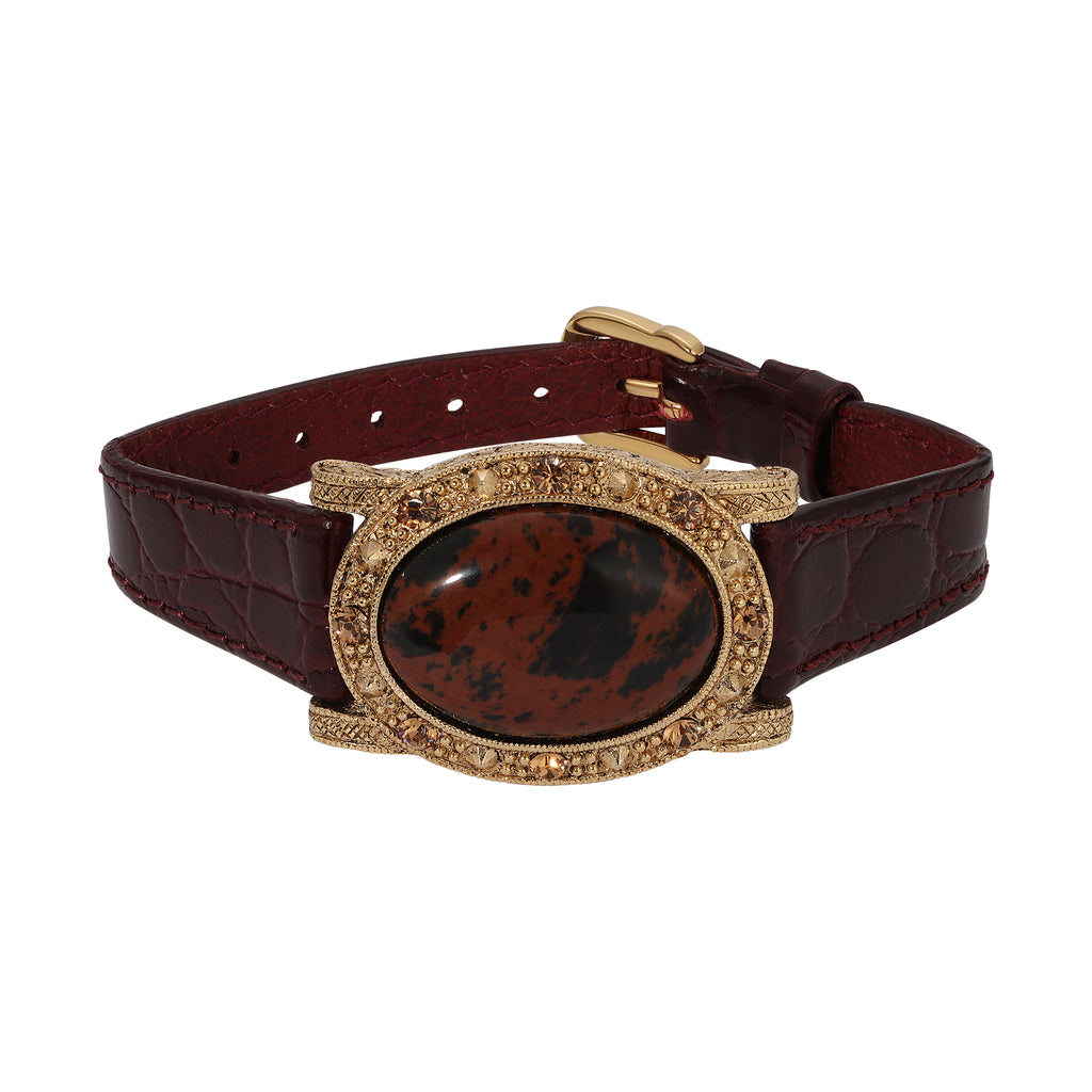 Oval Brown Obsidian Topaz Crystal Burgundy Leather Belt Bracelet
