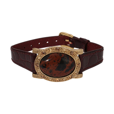 1928 Jewelry Oval Brown Obsidian Topaz Crystal Burgundy Leather Belt Bracelet