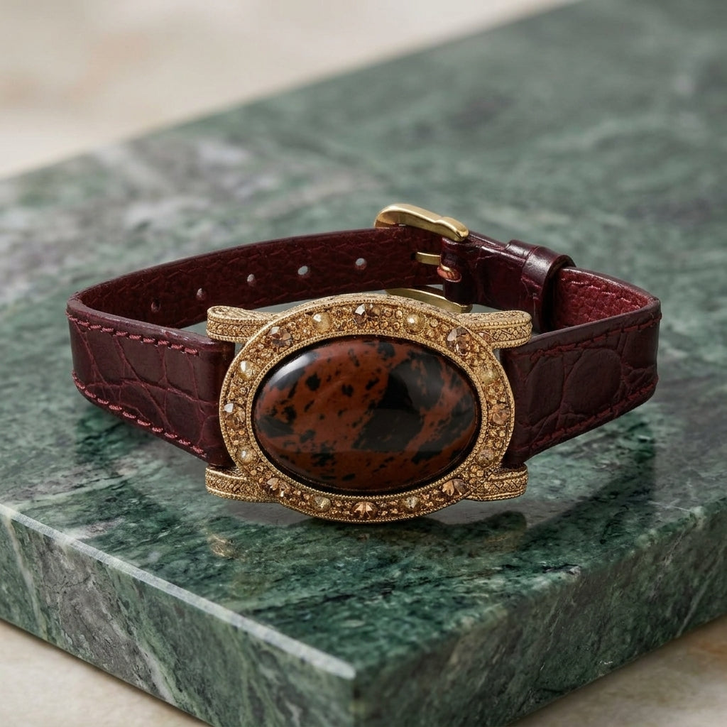 Brown leather bracelet with a brown gemstone and gold tone frame resting on a green marble surface