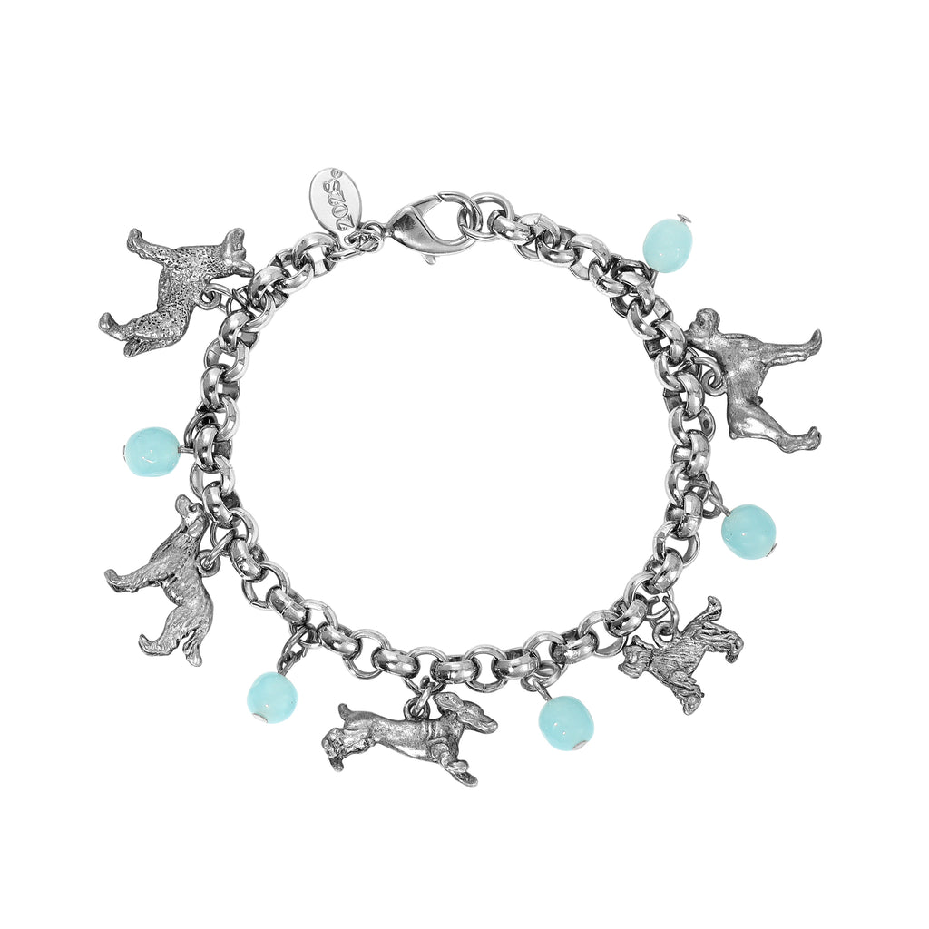 1928 Jewelry Aqua Blue Baroque Glass Beaded Multi Dog Charm Bracelet