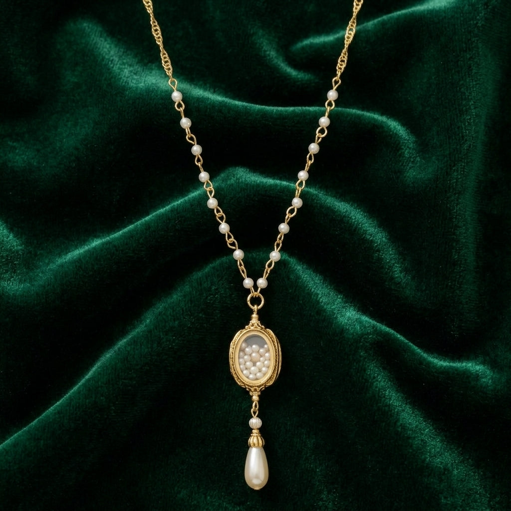 Gold necklace with faux pearls and a dangling faux pearl pendant on a green velvet background