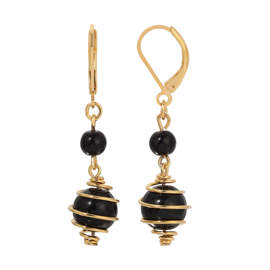 1928 Jewelry Wrapped Caged Jet Black Bead Dangling Earrings
