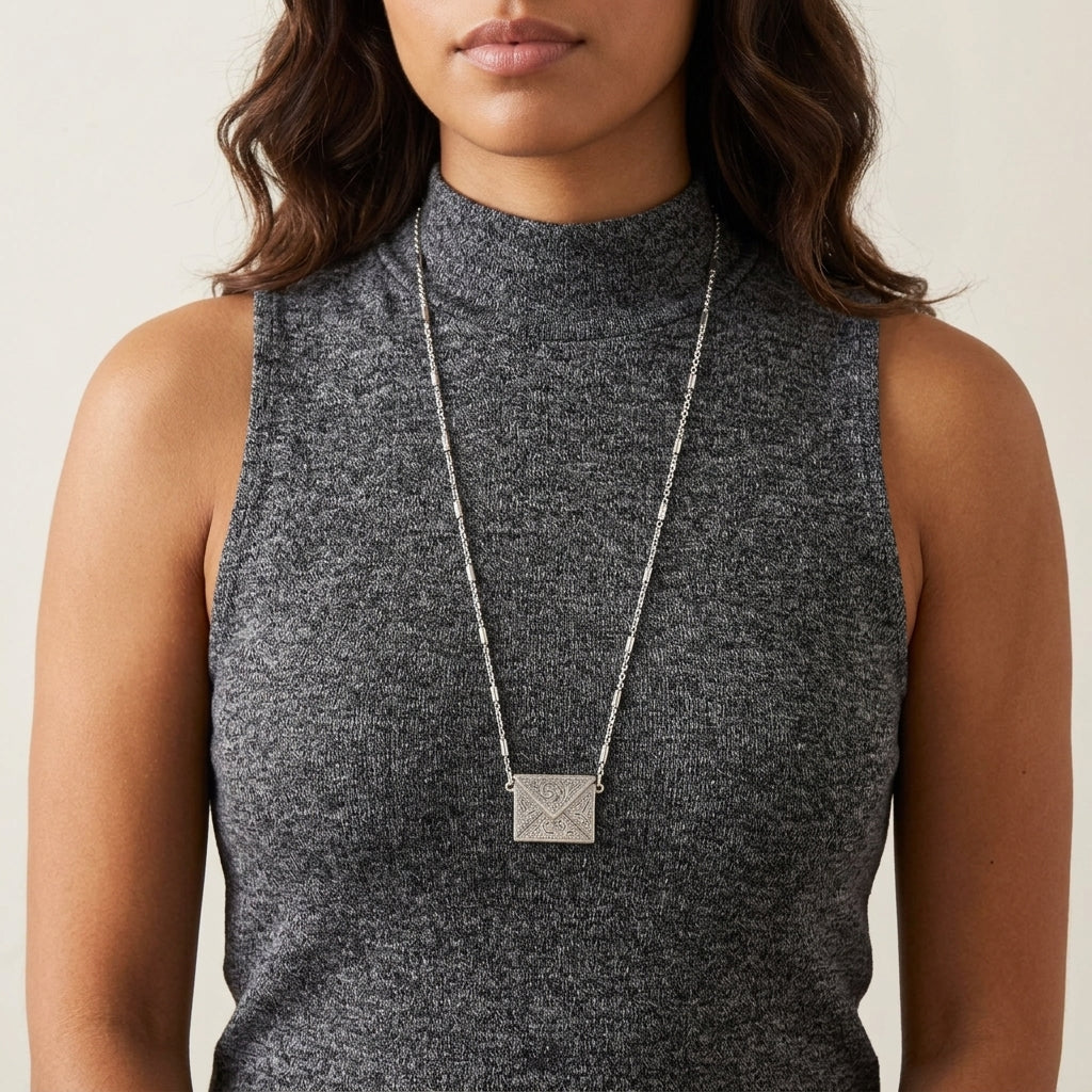 Person wearing a gray sleeveless top with an envelope pendant necklace