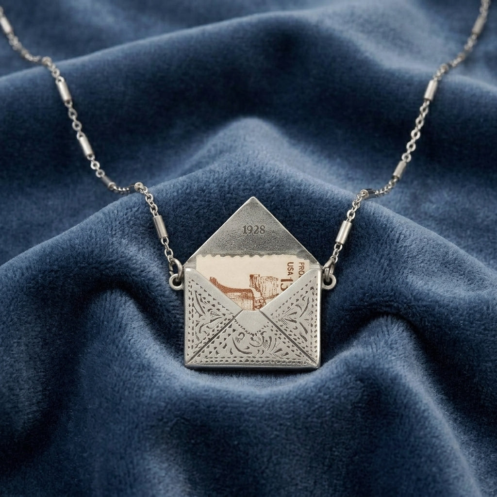 Silver necklace with an opened envelope pendant on a blue fabric background